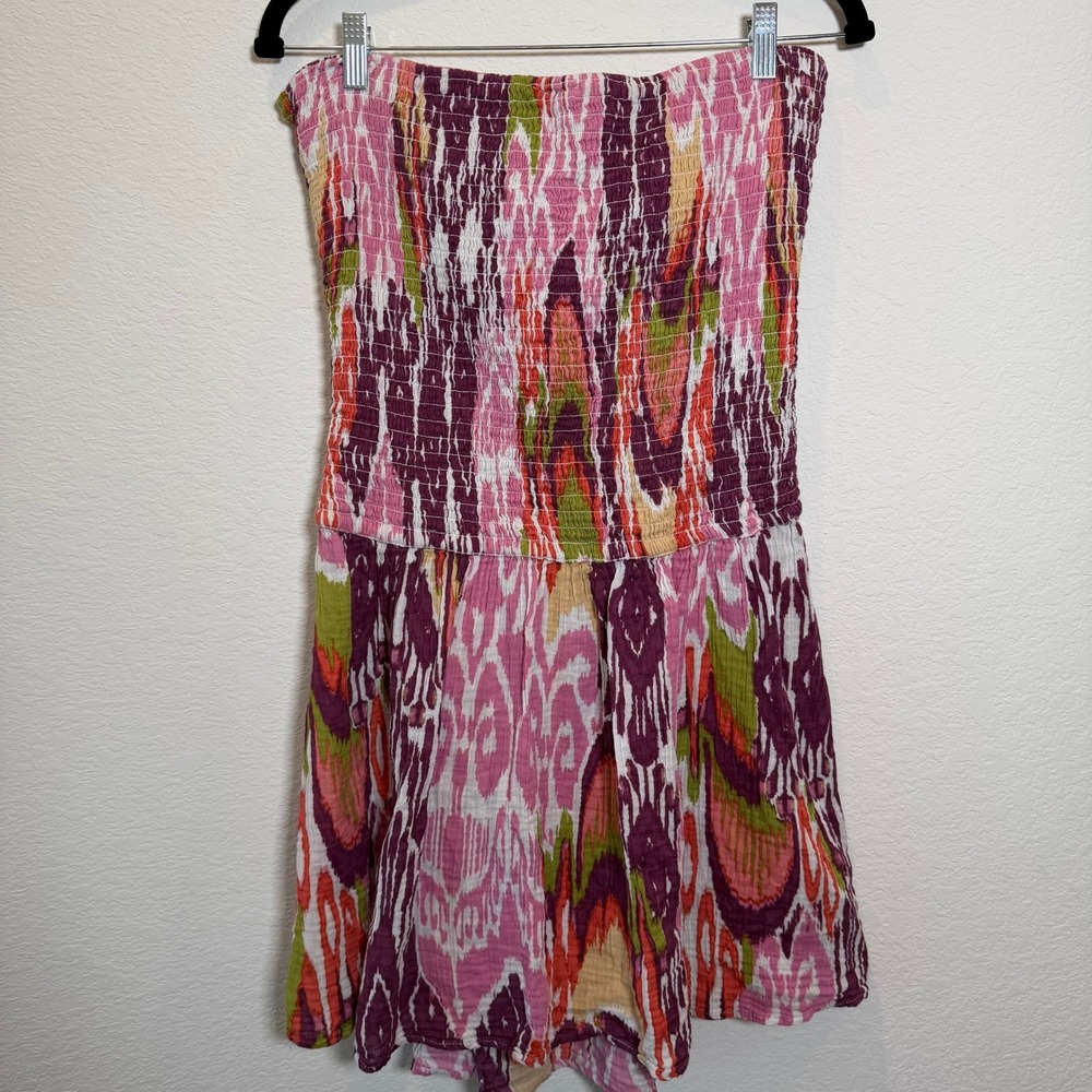 Anthropologie Pink Purple Ikat Smocked Strapless Cutout Mini Dress Womens Medium - Picture 4 of 5